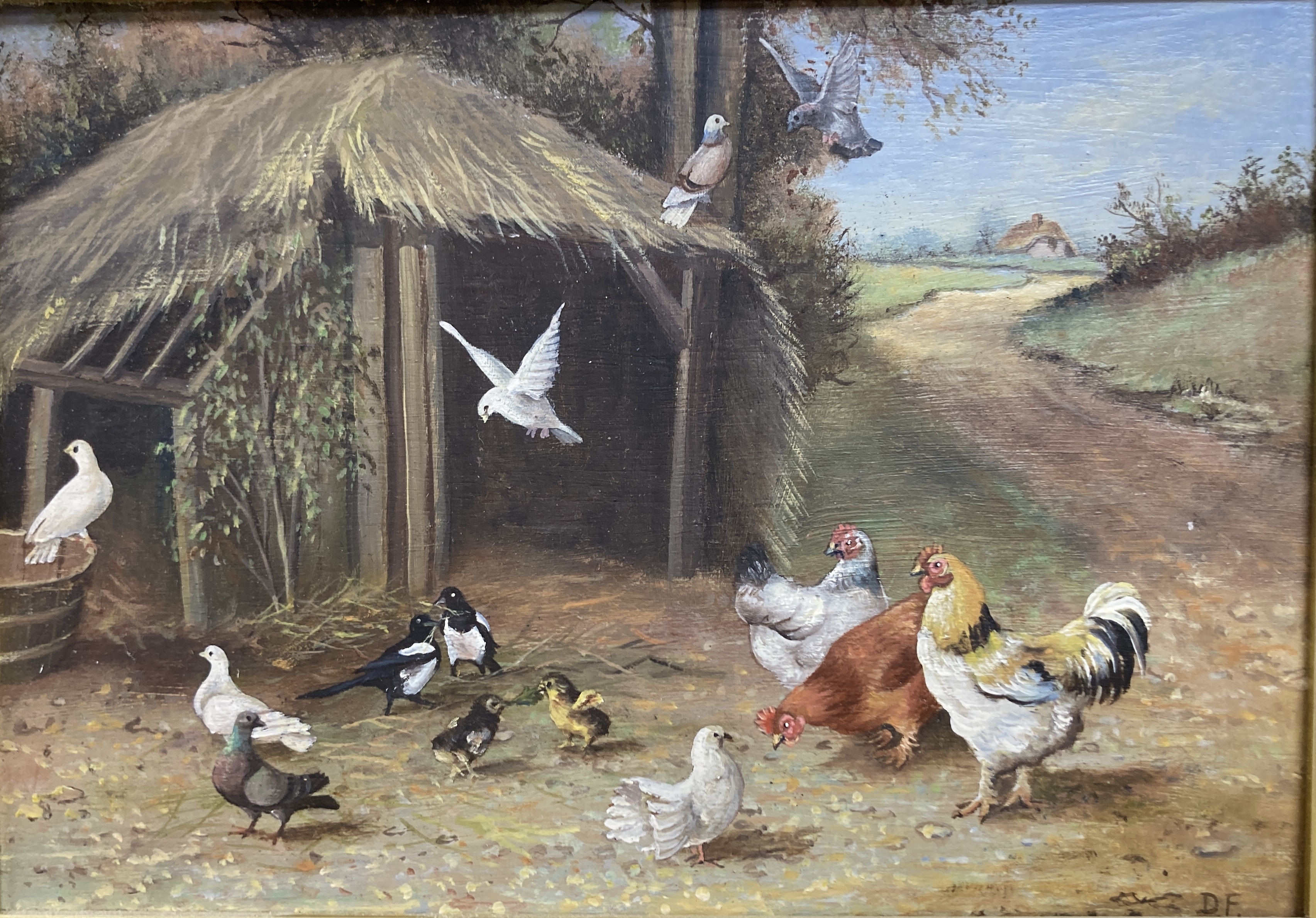 After J.F Herring, pair oil oils panel, Rabbits, poulty and other birds in farmyards, initialled D.F, 13 x 19cm